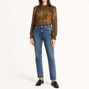 VINTAGE Boho Smocked Sheer Polka Dot Blouse | Size M | Brown Gold Abstract Plaid